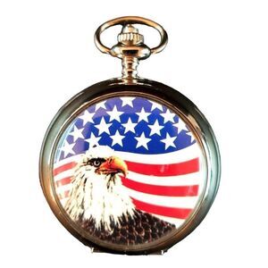 Usa American Flag & Bald Eagle Patriotic Quartz Pocket Watch Pocketwatch
